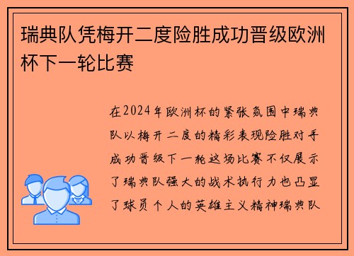 瑞典队凭梅开二度险胜成功晋级欧洲杯下一轮比赛